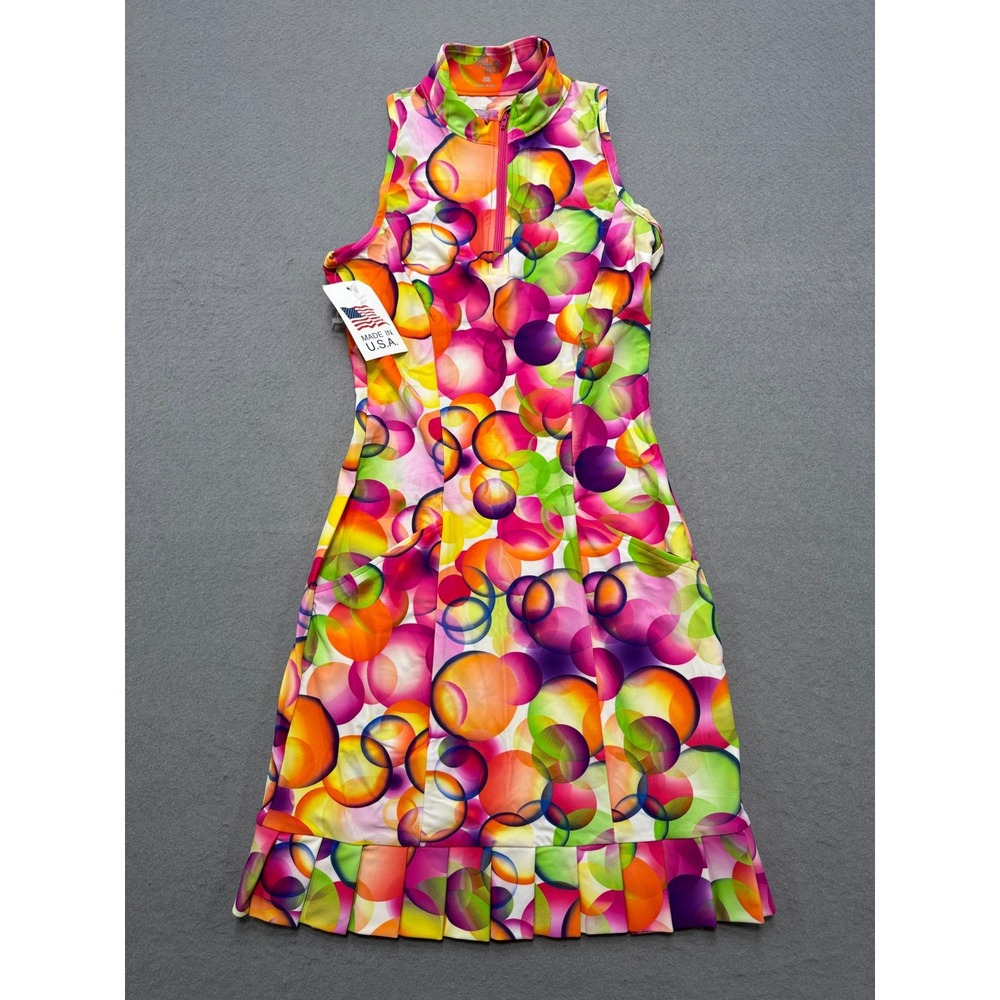 NEW Tzu Tzu Golf Dress Women's XS Colorful Bubble Pleated Hem Quarter Zip USA